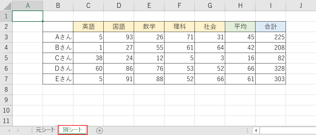 別シートのコピー先テーブル