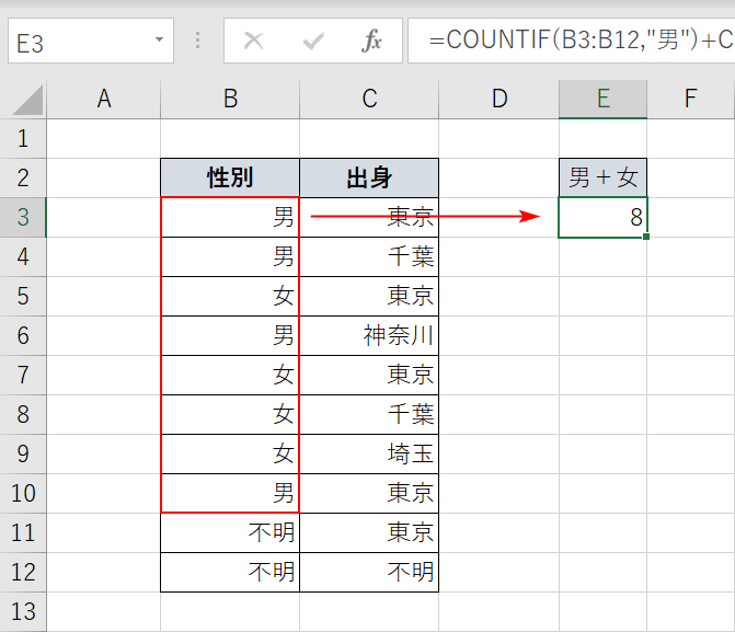 男と女のセルの個数の合計