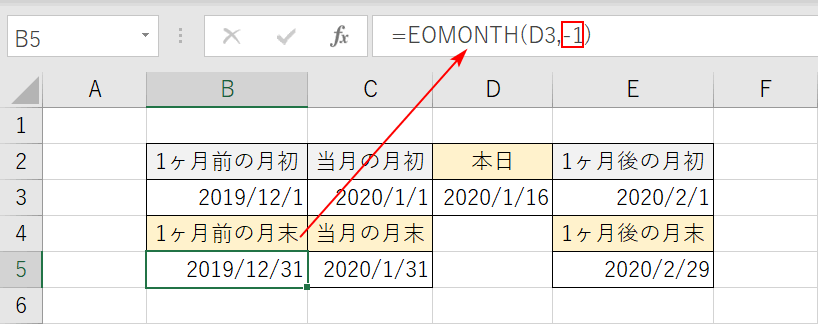 1ヶ月前の月末日を計算