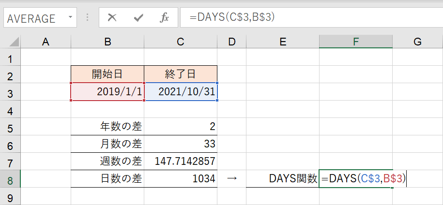 DAYS関数の入力