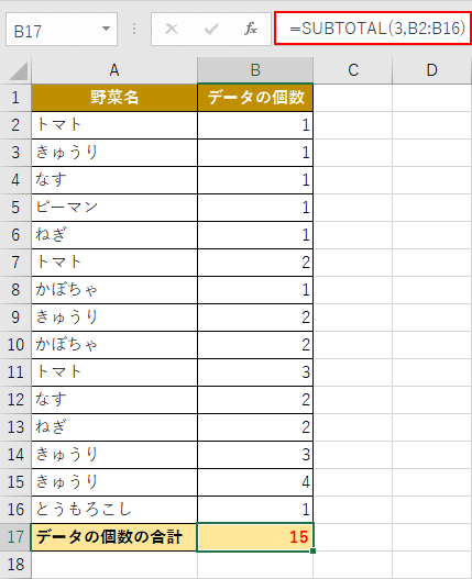 SUBTOTAL関数の結果