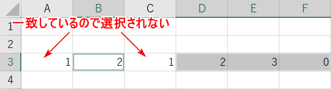 アクティブセルに一致していないセルを選択