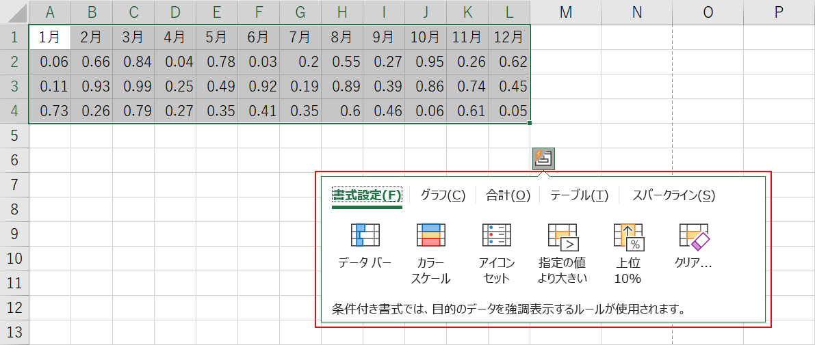 クイック分析オプションを表示する