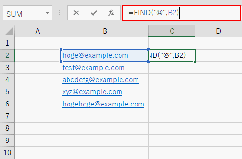 FIND関数を入力する