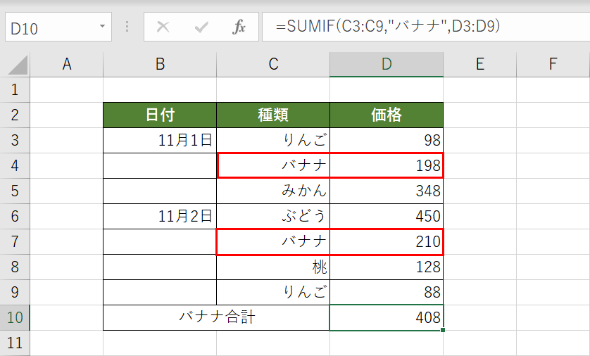 SUMIF関数の結果