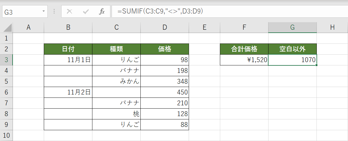 空白以外のセルの値を合計する