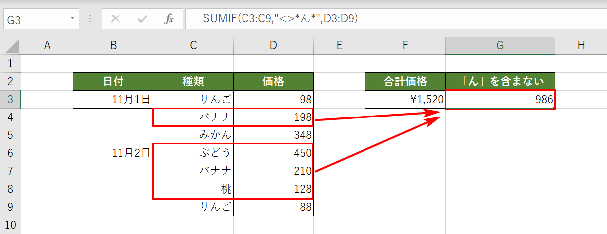 SUMIF関数のあいまい検索の結果