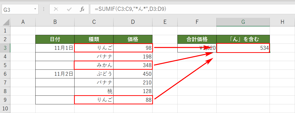 SUMIF関数の含む検索の結果