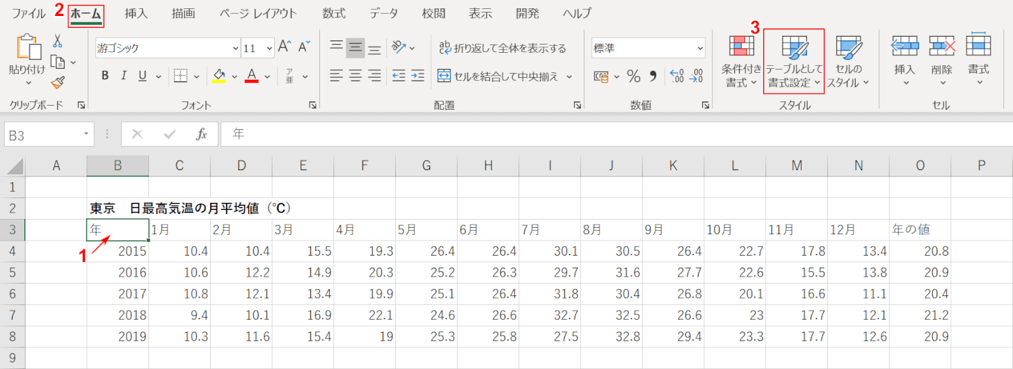 テーブルとして書式設定