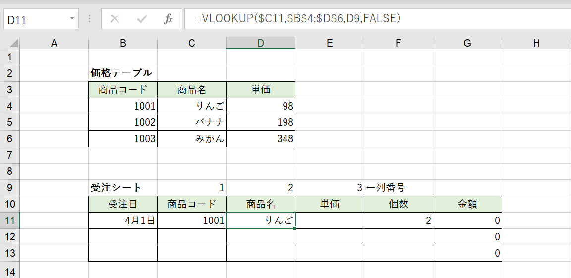 列番号のセル参照の結果