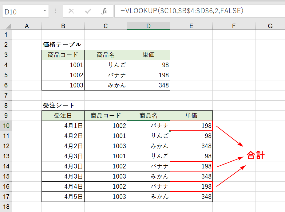 VLOOKUP関数の合計