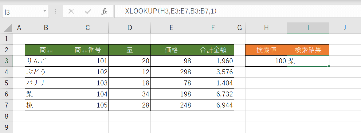 XLOOKUP関数の結果