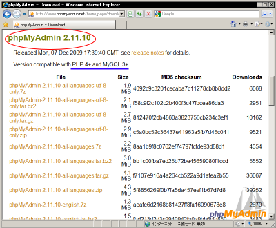 phpMyAdmin�̃_�E�����[�h�y�[�W(���ɃX�N���[��)
