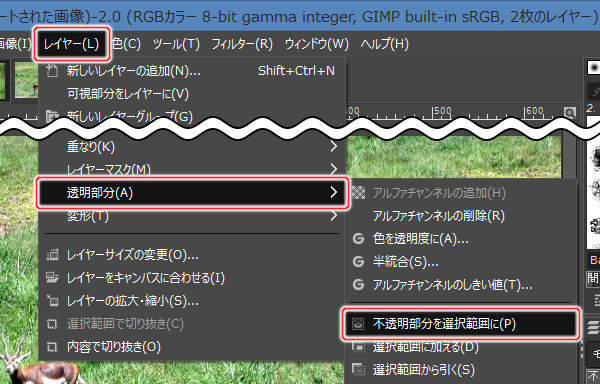 25. レイヤー(L) -> 透明部分(A) -> 不透明部分を選択範囲に(P)を実行