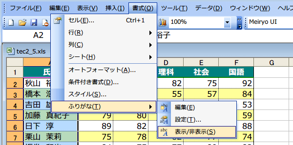 �ӂ肪�Ȃ̕\��Excel2003