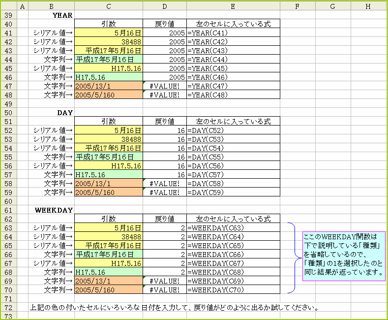 YEAR�֐� DAY�֐� WEEKDAY�֐�