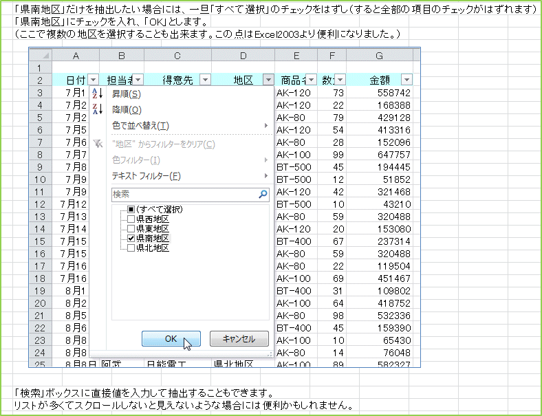 �u����n��v�����𒊏o�������ꍇ�ɂ́A��U�u���ׂđI���v�̃`�F�b�N���͂����i����ƑS���̍��ڂ̃`�F�b�N���͂���܂��j�u����n��v�Ƀ`�F�b�N�����A�uOK�v�Ƃ��܂��B�i�����ŕ����̒n���I�����邱�Ƃ��o���܂��B���̓_��Excel2003���֗��ɂȂ�܂����B�j�u�����v�{�b�N�X�ɒ��ڒl����͂��Ē��o���邱�Ƃ��ł��܂��B���X�g�������ăX�N���[�����Ȃ��ƌ����Ȃ��悤�ȏꍇ�ɂ͕֗���������܂���B