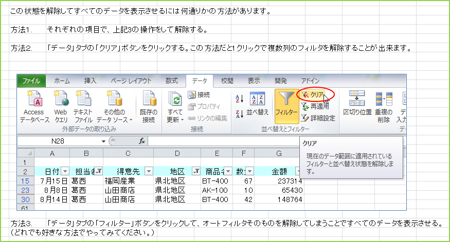 ���̏�Ԃ��������Ă��ׂẴf�[�^��\��������ɂ͉��ʂ肩�̕��@������܂��B���@�P.���ꂼ��̍��ڂŁA��L3�̑�������ĉ�������B���@�Q.�u�f�[�^�v�^�u�́u�N���A�v�{�^�����N���b�N����B���̕��@����1�N���b�N�ŕ�����̃t�B���^���������邱�Ƃ��o���܂��B���@�R.�u�f�[�^�v�^�u�́u�t�B���^�[�v�{�^�����N���b�N���āA�I�[�g�t�B���^���̂��̂��������Ă��܂����Ƃł��ׂẴf�[�^��\��������B�i�ǂ�ł��D���ȕ��@�ł���Ă݂Ă��������B�j