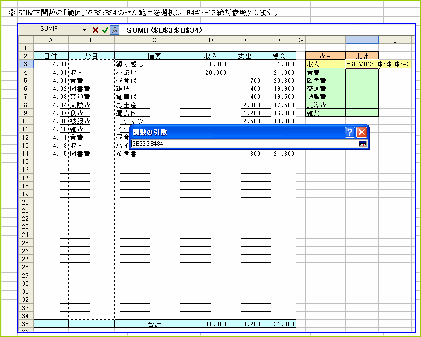 ����������SUMIF�֐���ݒ�@�͈͂��ΎQ�Ƃ�