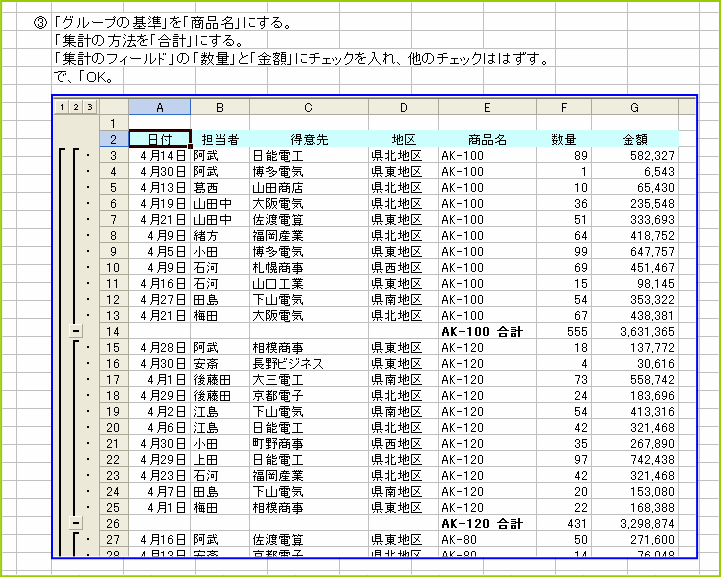 �u�O���[�v�̊�v���u���i���v�ɁA�u�W�v�̕��@�v���u���v�v�ɁA�u�W�v�̃t�B�[���h�v�́u���ʁv�Ƣ���z��Ƀ`�F�b�N�����A���̃`�F�b�N�͂͂����B